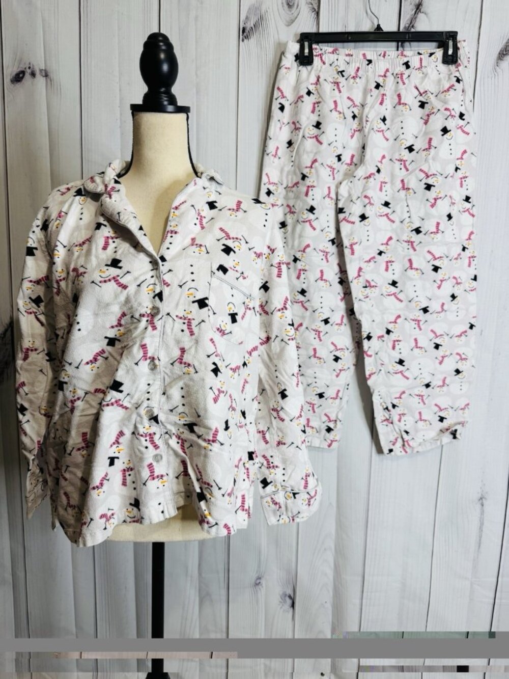 Charter Club Intimates Fleece Pajama Set Sz L White Pink Snowman Pockets